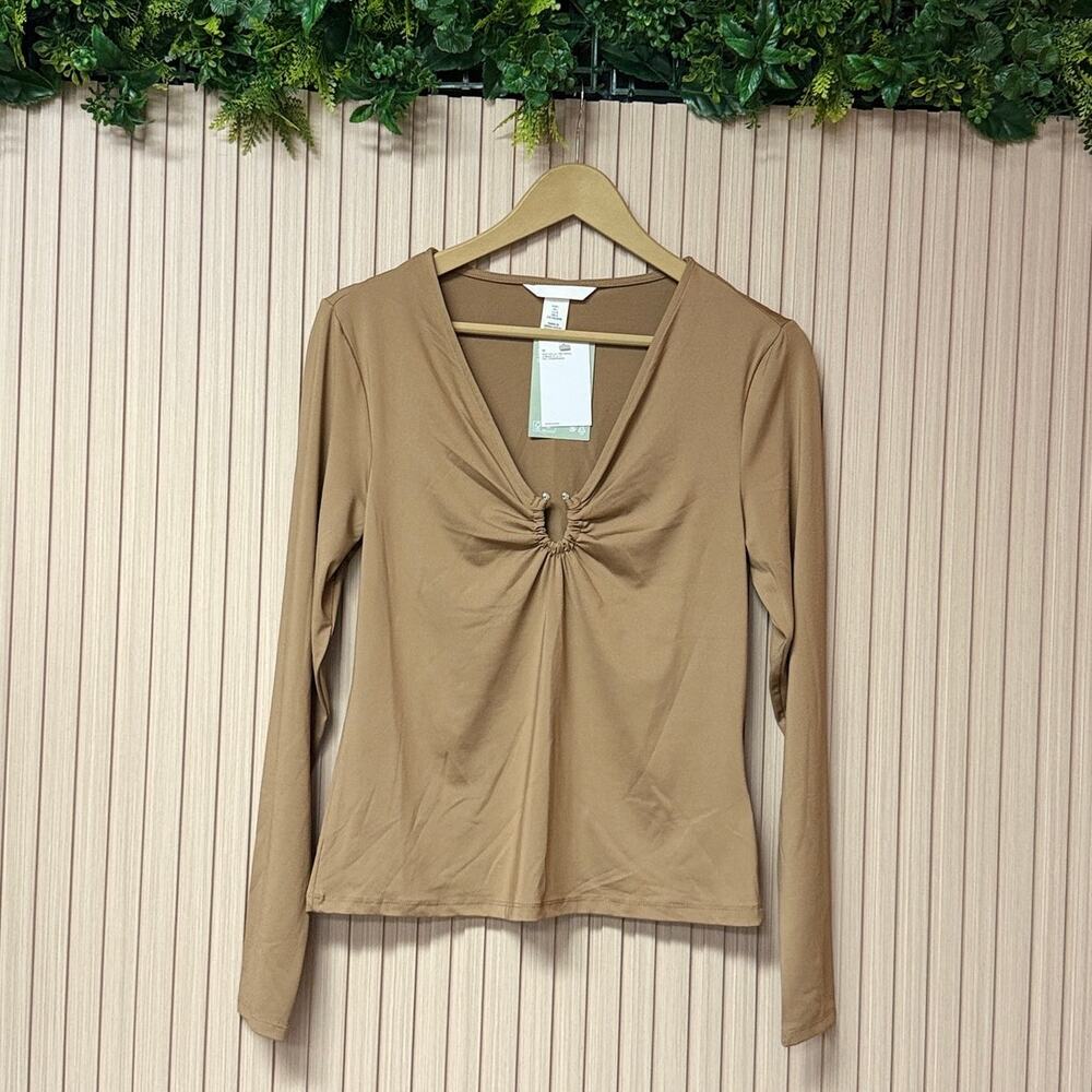 H&M Buckle Detail V-Neck Top Light Brown Long Sleeve Size L
